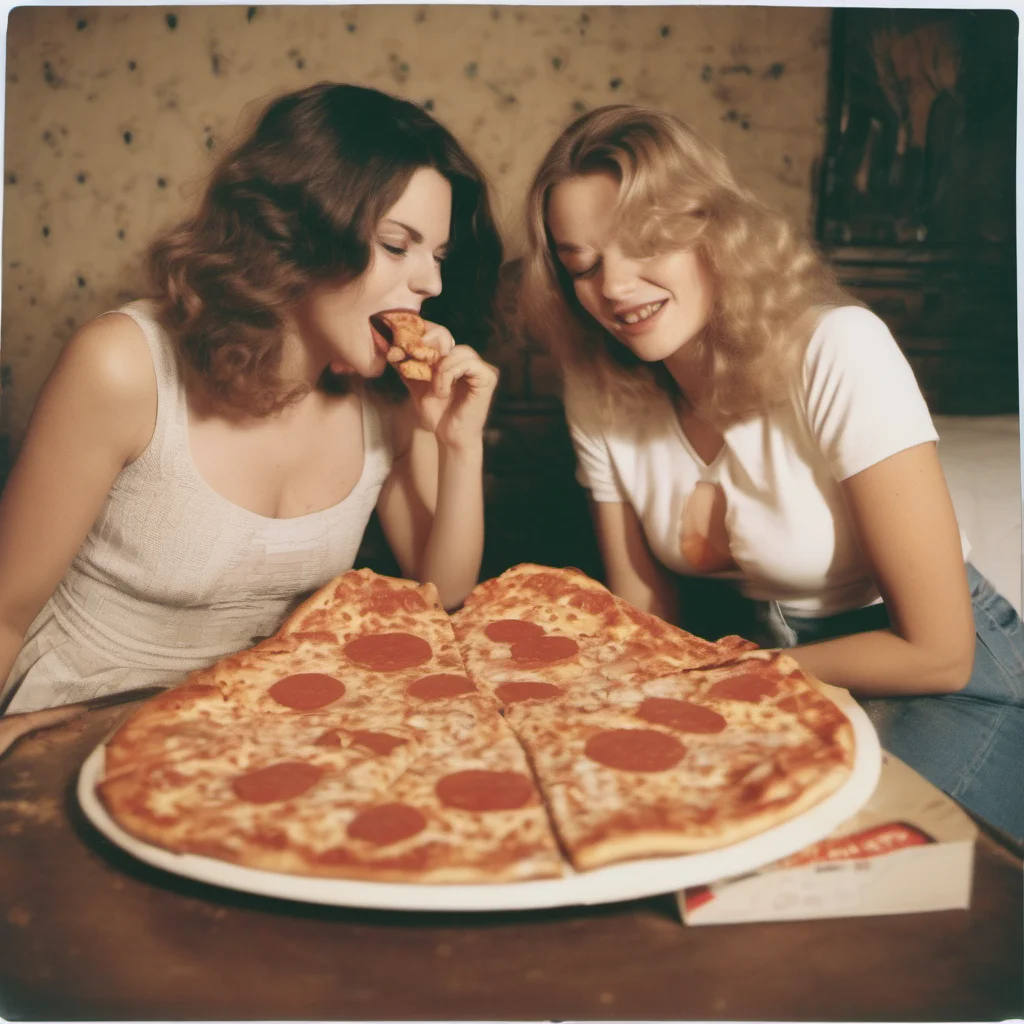 polaroid style image of two seductive german girls sharing a dr. oetker pizza ing