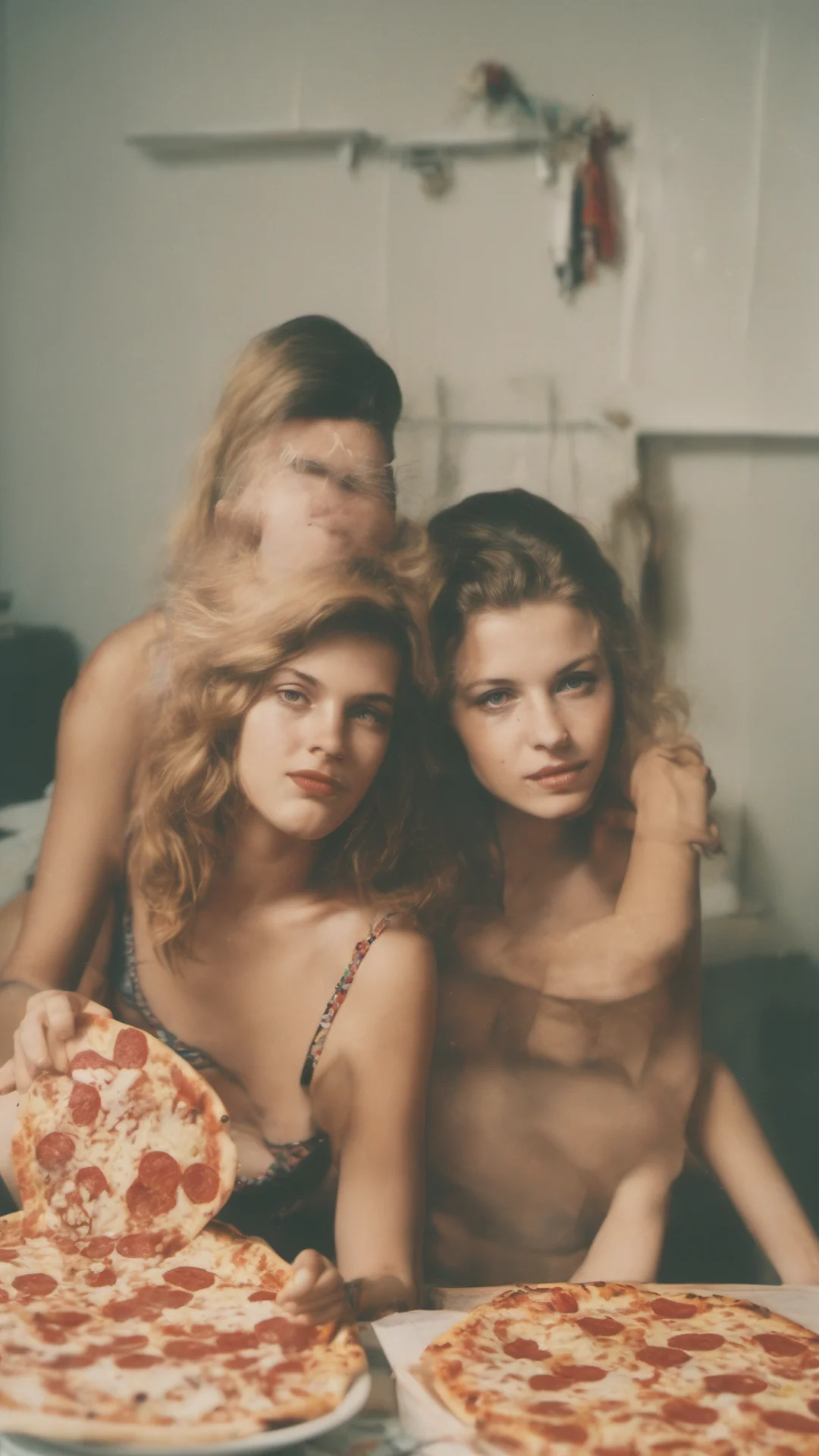 aipolaroid style image of two sensual german girls  22 yo   sharing a dr. oetker pizza ing good looking trending fantastic 1 tall