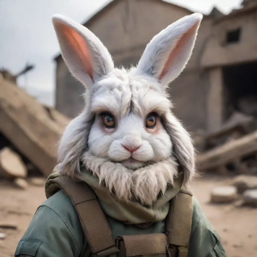 aiportrait of a cute sad furry rabbit woman in a warzone.