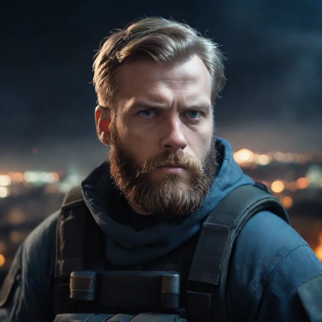 aiportrait of a young angry bearded swedish space soldier staring at viewer burning city in background nighttime