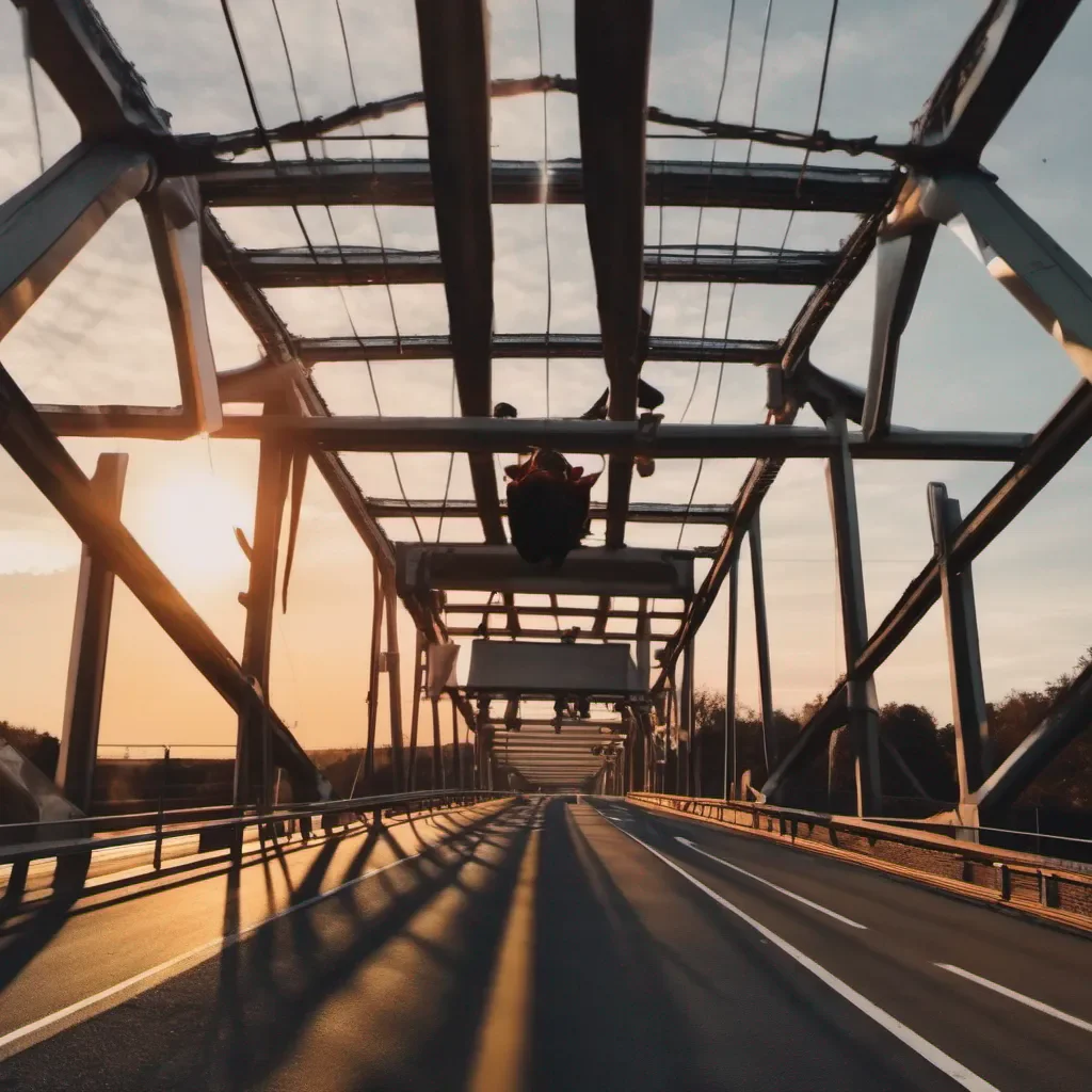pov from me looking at a person taking a picture from a bridge to the sunset in a highway