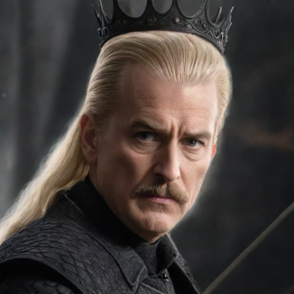 prime agen the mad king on game of thrones throne with dark metalic wave spiked crown long blonde hair and mustache