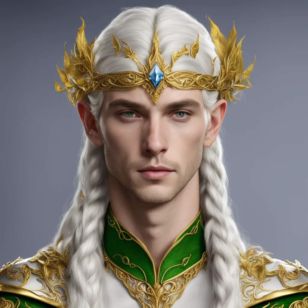 prince celeborn with braids wearing gold elvish circlet with mallorn leaves made of silver with diamonds confident engaging wow artstation art 3