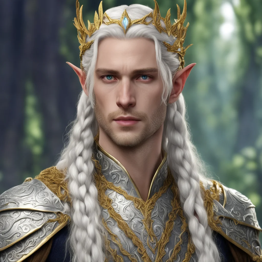 prince celeborn with braids wearing gold elvish circlet with mallorn leaves made of silver with diamonds good looking trending fantastic 1