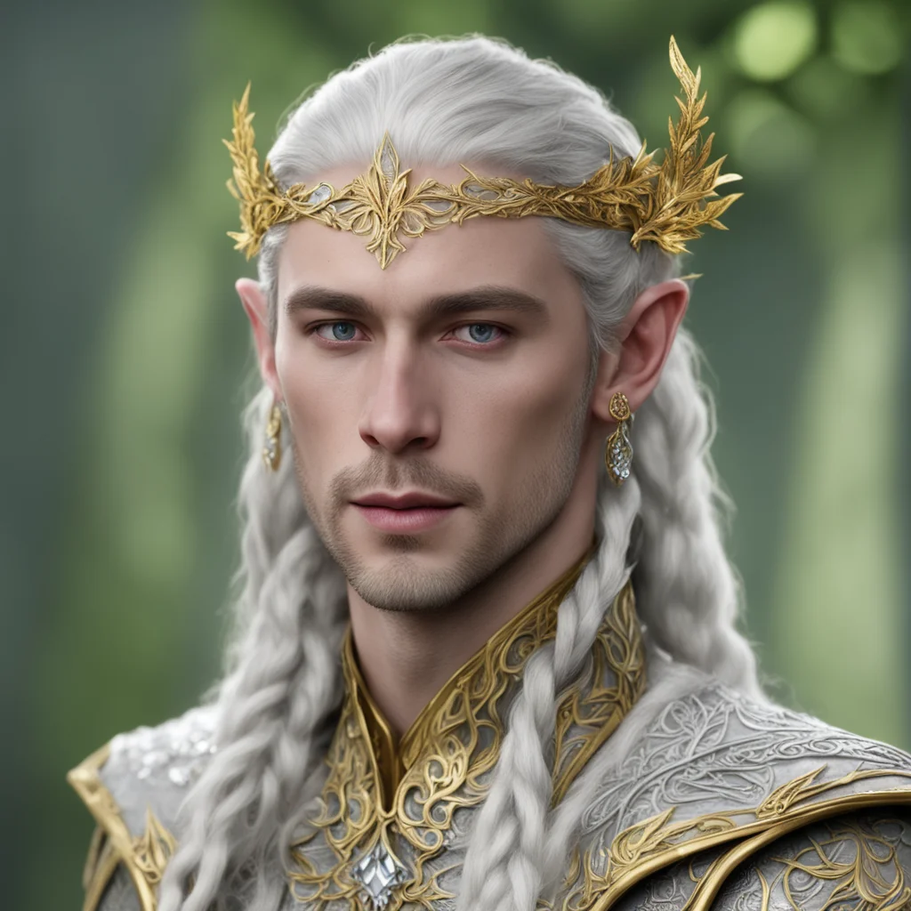 prince celeborn with braids wearing gold elvish circlet with mallorn leaves made of silver with diamonds