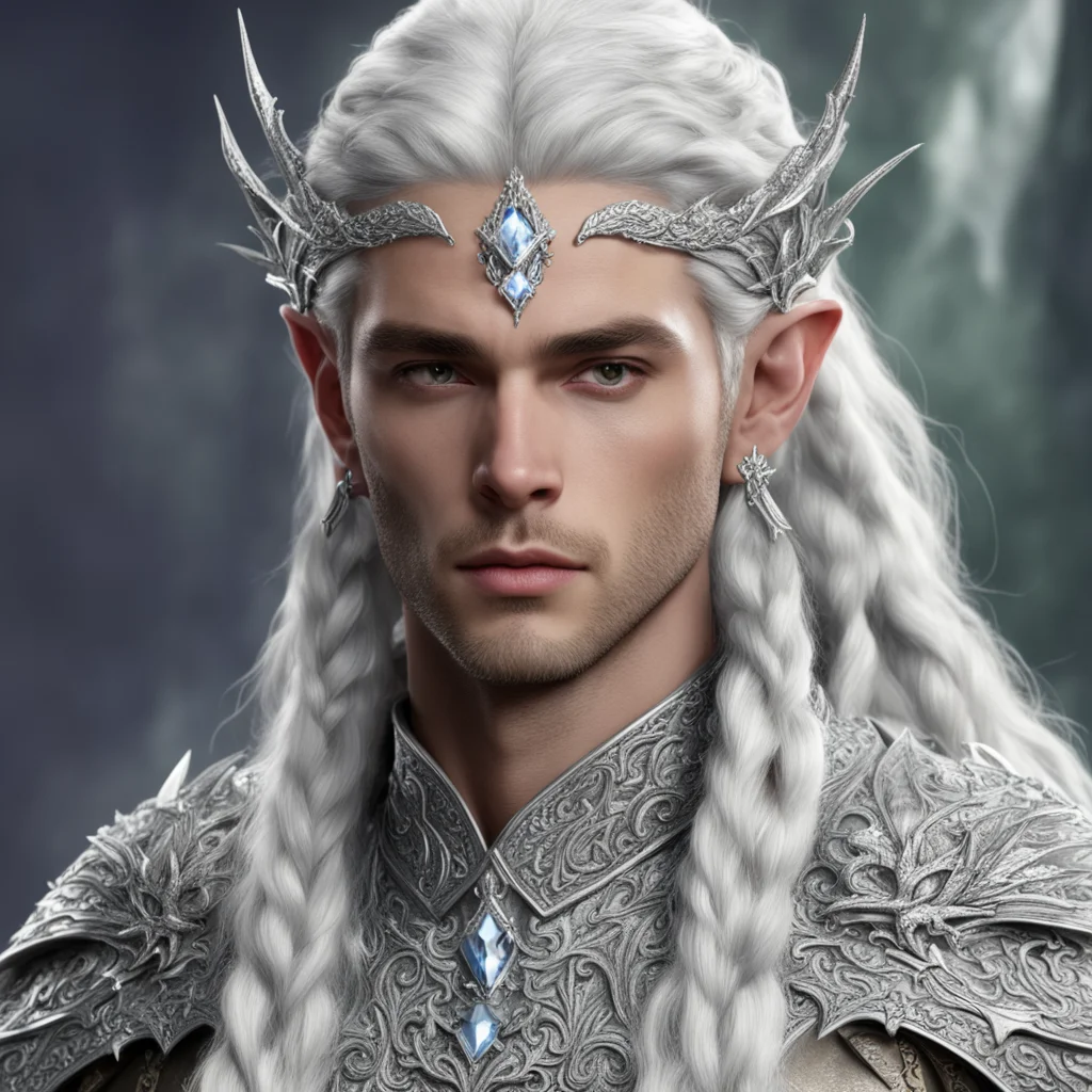 prince celeborn with braids wearing silver dragon silver elvish circlet encrusted with diamonds and large center diamond amazing awesome portrait 2