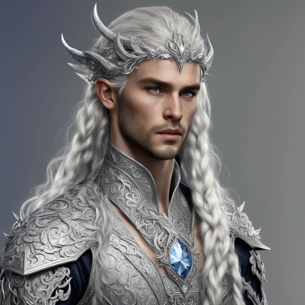 prince celeborn with braids wearing silver dragon silver elvish circlet encrusted with diamonds and large center diamond good looking trending fantastic 1