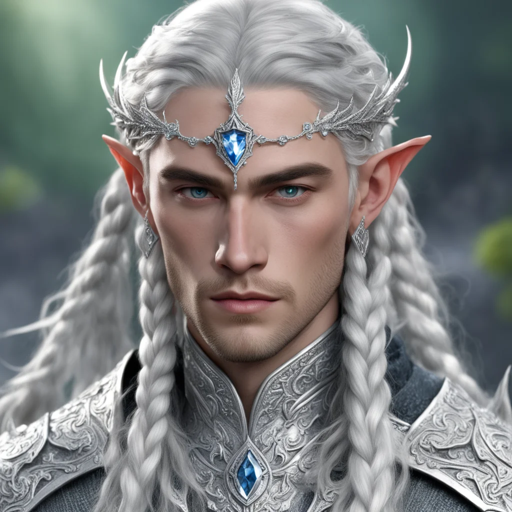 prince celeborn with braids wearing silver dragon silver elvish circlet encrusted with diamonds and large center diamond
