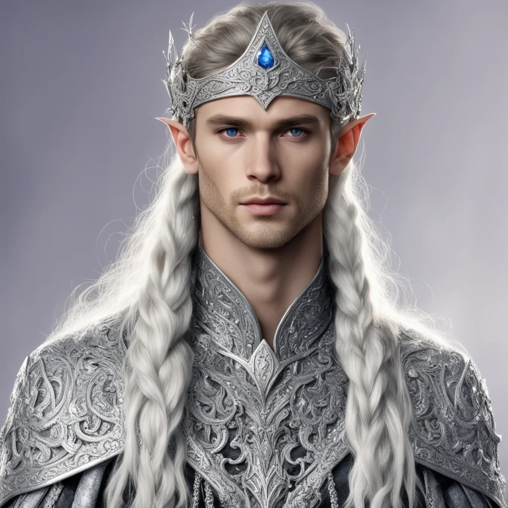 prince celeborn with braids wearing silver elvish circlet encrusted with diamonds with large center diamond