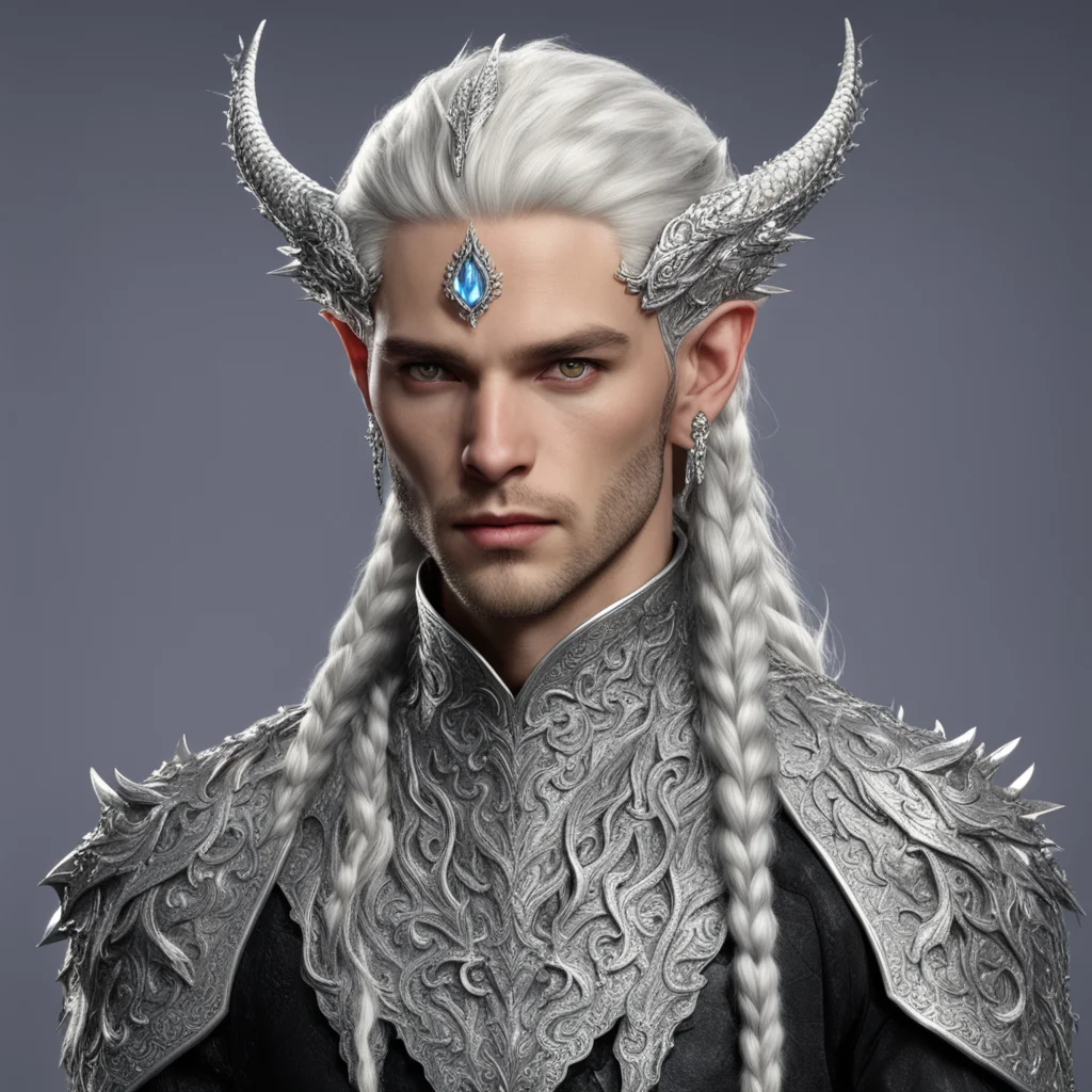 prince celeborn with braids wearing silver fiery dragon silver elvish circlet encrusted with diamonds with larger center diamond amazing awesome portrait 2