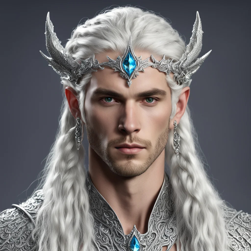 prince celeborn with braids wearing silver fiery dragon silver elvish circlet encrusted with diamonds with larger center diamond