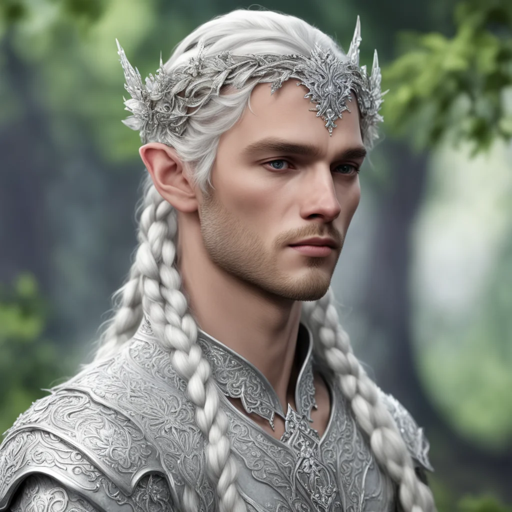 prince celeborn with braids wearing silver flower elvish circlet encrusted with diamonds
