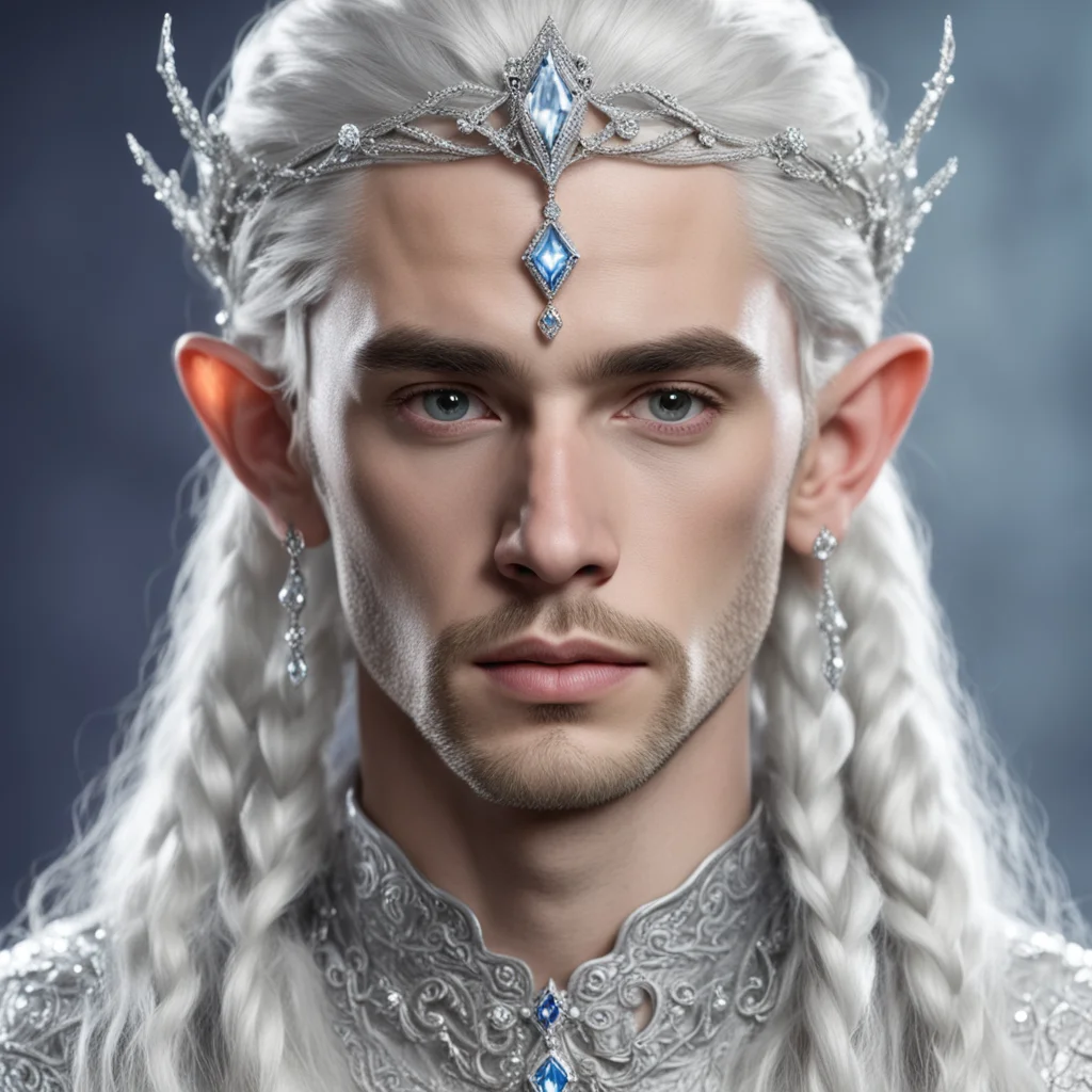 prince celeborn with braids wearing silver strings of diamonds wearing silver elvish circlet encrusted with diamonds with large center diamond good looking trending fantastic 1