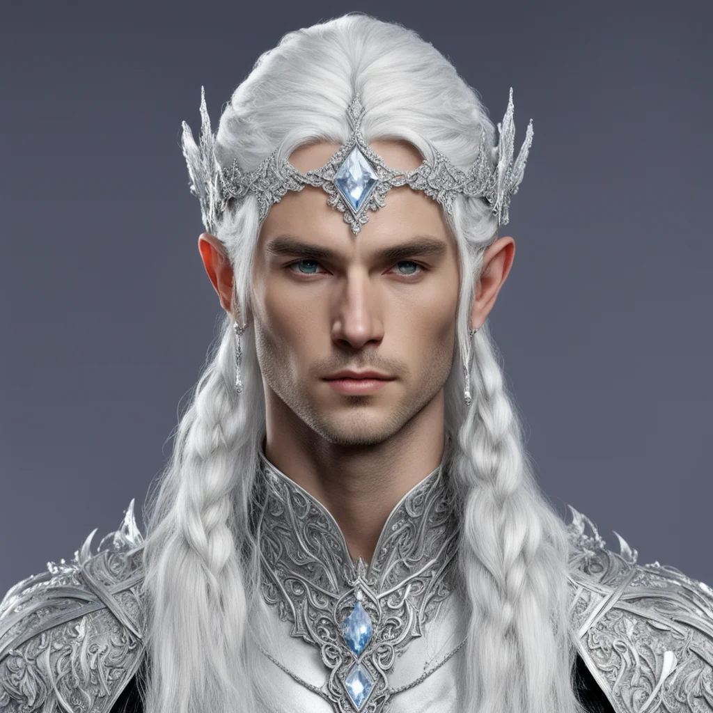 prince celeborn with silver hair and braids wearing silver strings of diamonds wearing silver elvish circlet encrusted with diamonds with large center diamond good looking trending fantastic 1