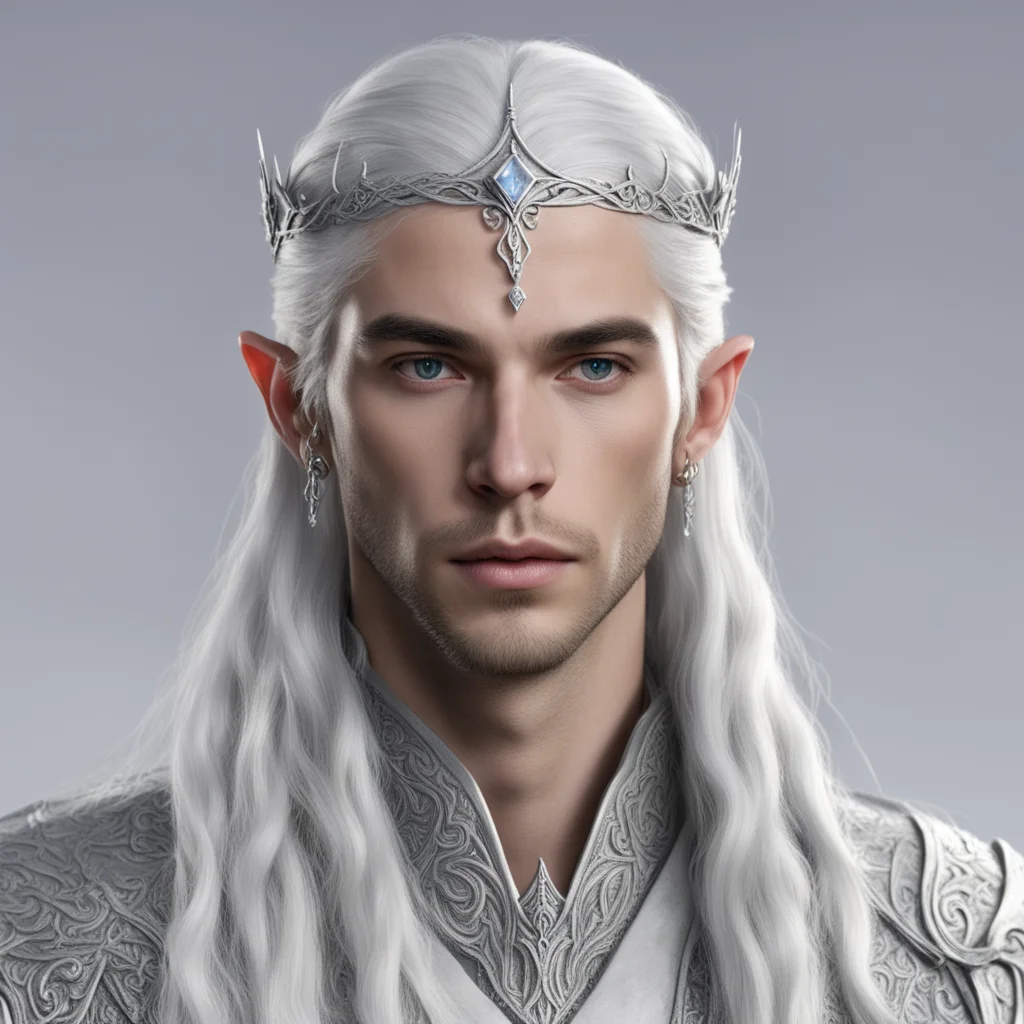 prince celeborn with silver hair and braids wearing small thin elvish circlet with large center diamond  confident engaging wow artstation art 3