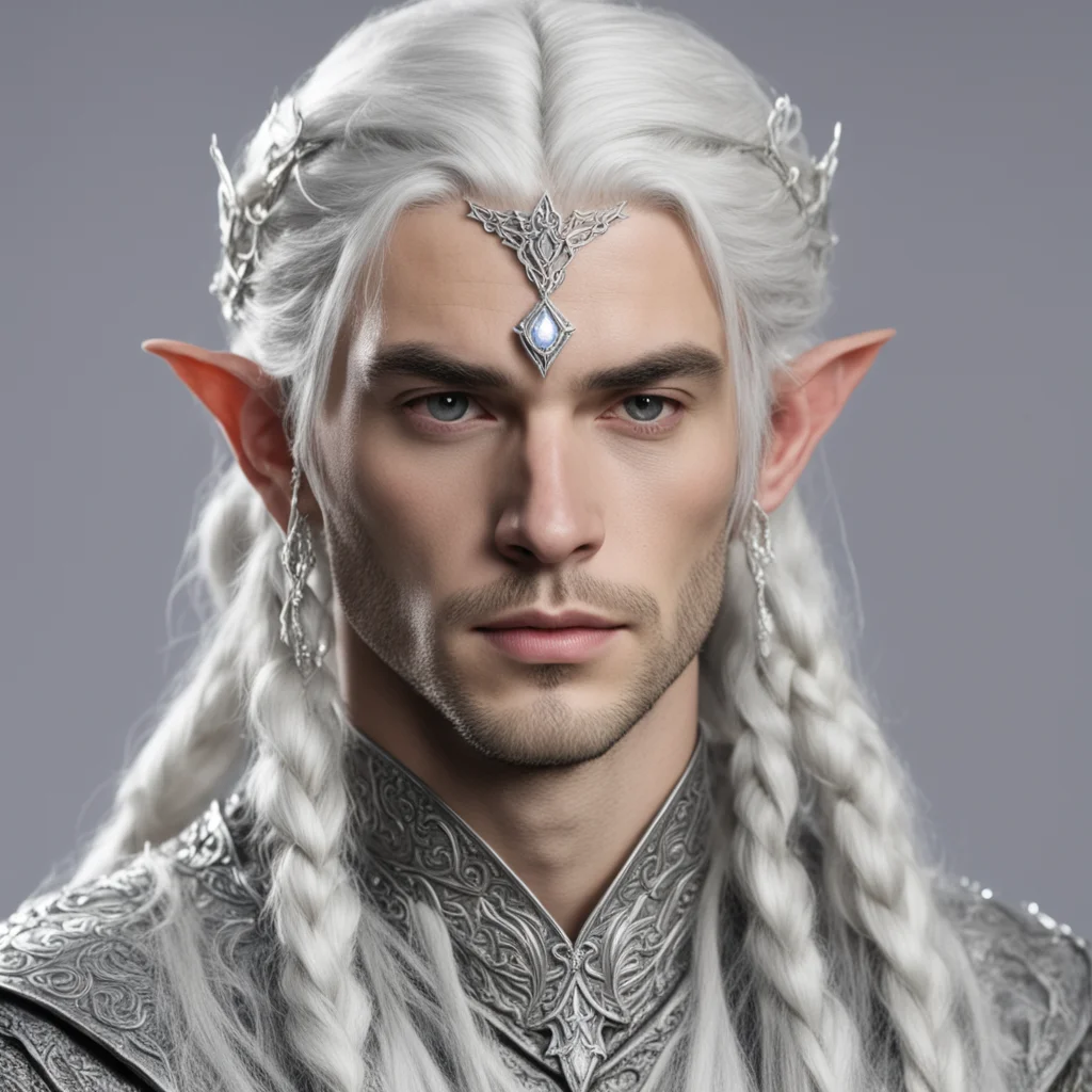 prince celeborn with silver hair and braids wearing small thin elvish circlet with large center diamond  good looking trending fantastic 1