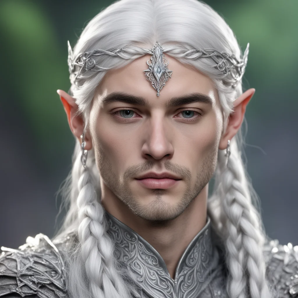 prince celeborn with silver hair and braids wearing small thin elvish circlet with large center diamond good looking trending fantastic 1