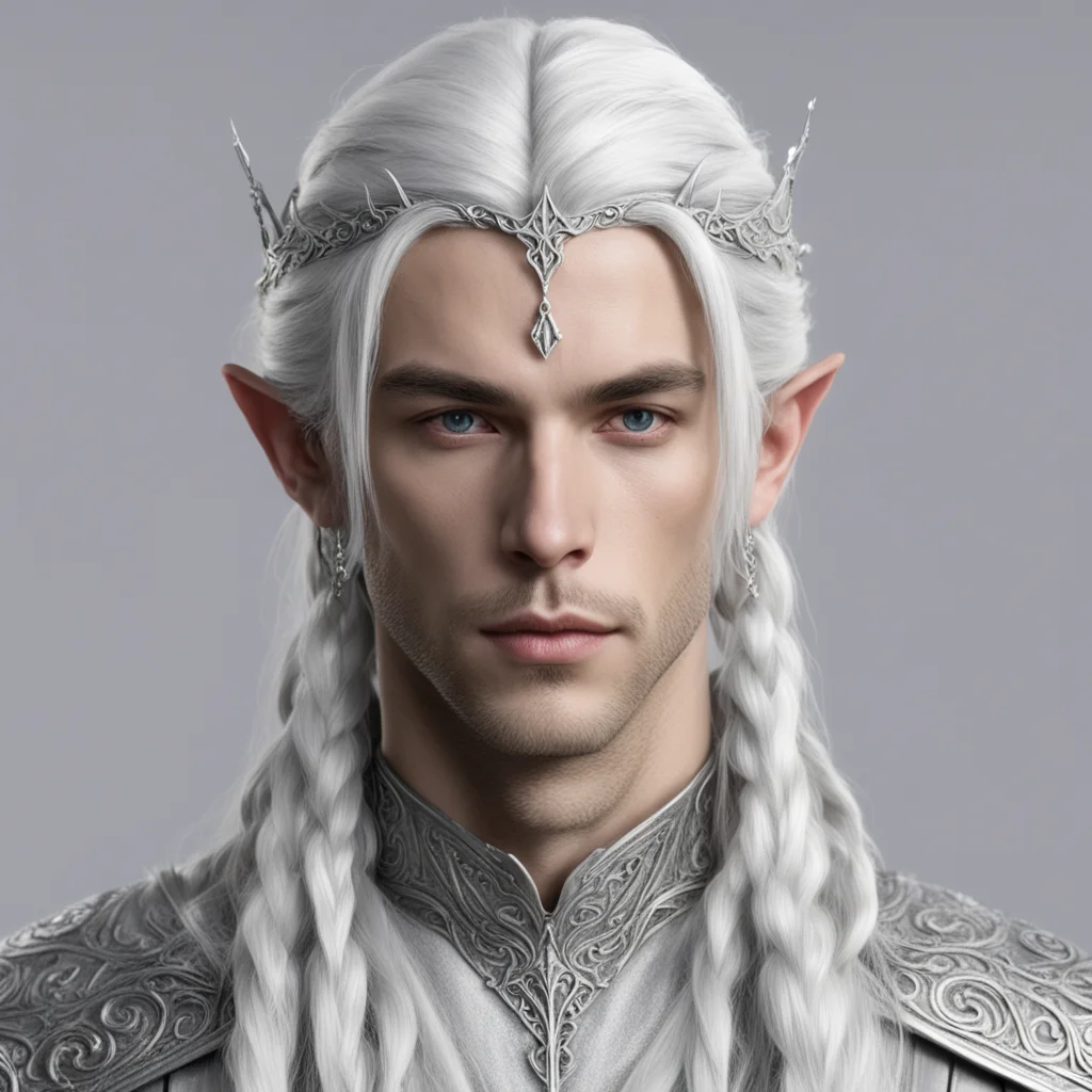 prince celeborn with silver hair and braids wearing small thin silver sindarin elvish circlet with center diamond  confident engaging wow artstation art 3