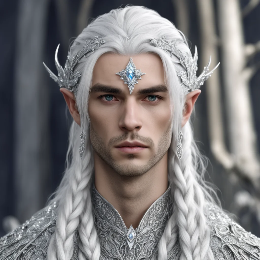 prince celeborn with silver hair with braids wearing silver elvish circlet encrusted with large diamonds with large center diamond good looking trending fantastic 1