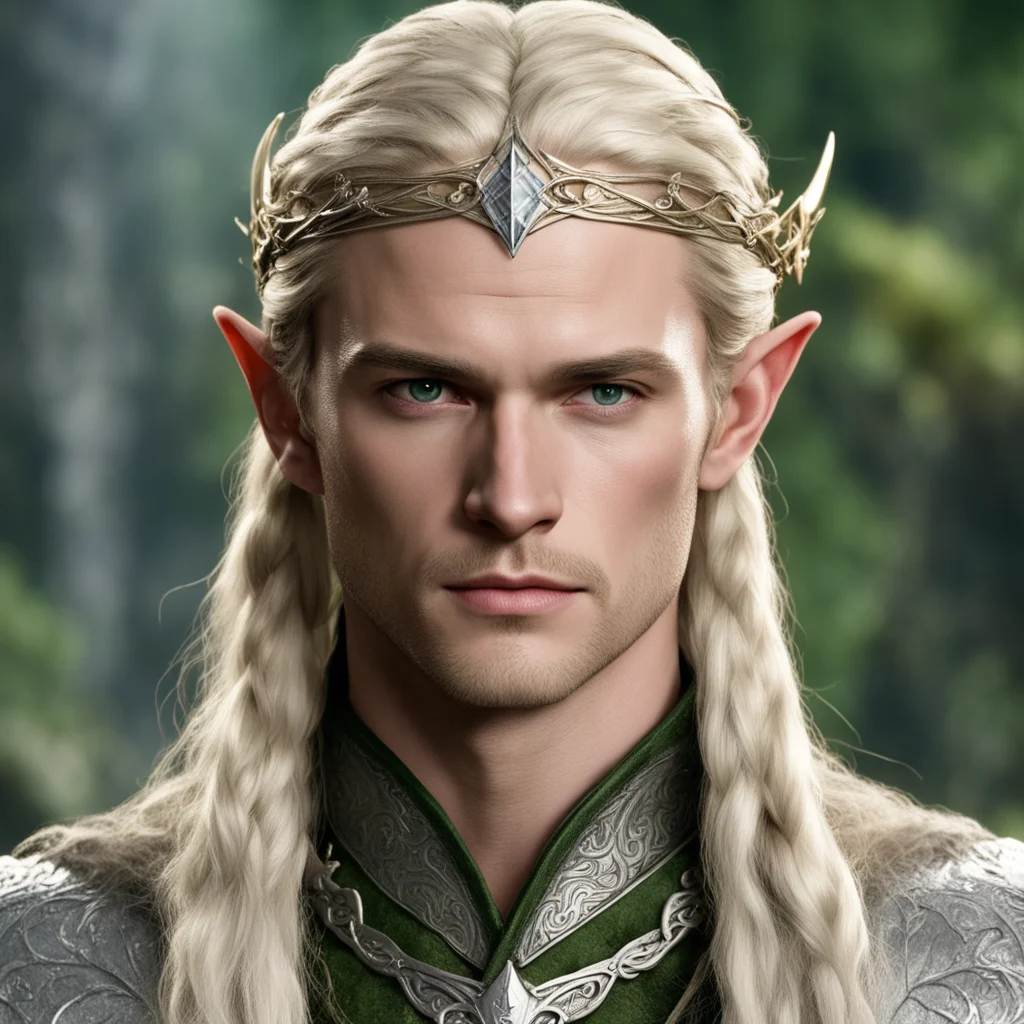 prince legolas with blond hair and braids wearing large silver elvish circlet with large center diamond amazing awesome portrait 2