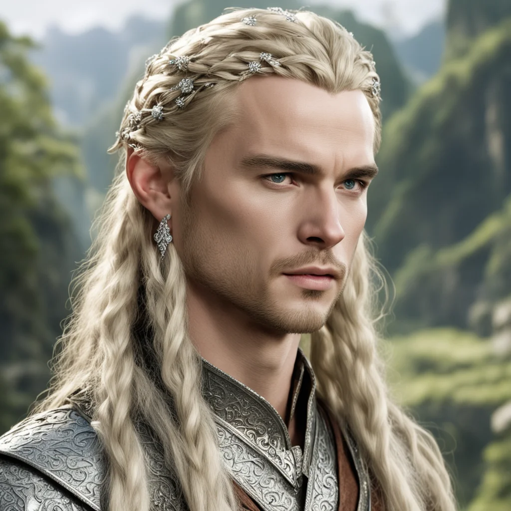 aiprince legolas with blond hair and braids wearing silver elvish coronet encrusted with diamonds with large center diamond  confident engaging wow artstation art 3