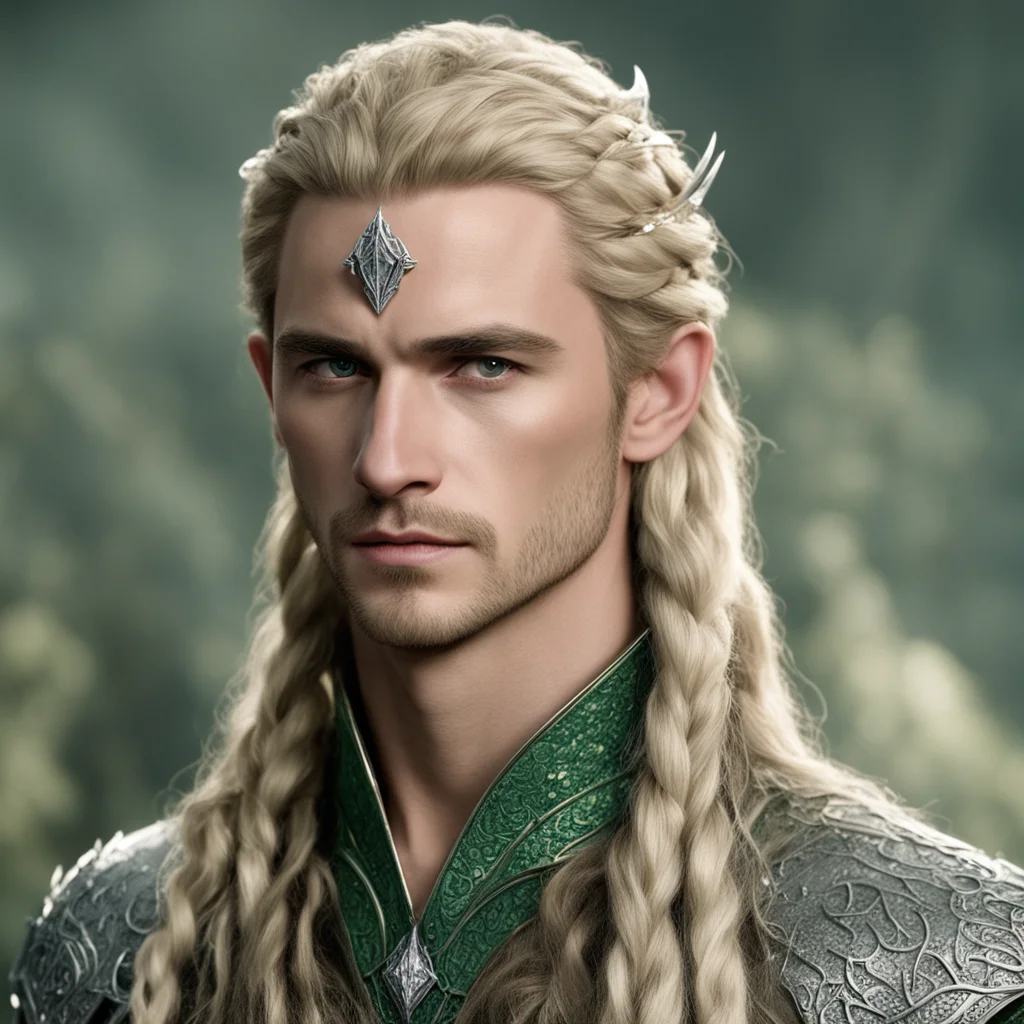 prince legolas with blond hair and braids wearing silver serpentine sindarin elvish circlet encrusted with diamonds with large center diamond confident engaging wow artstation art 3