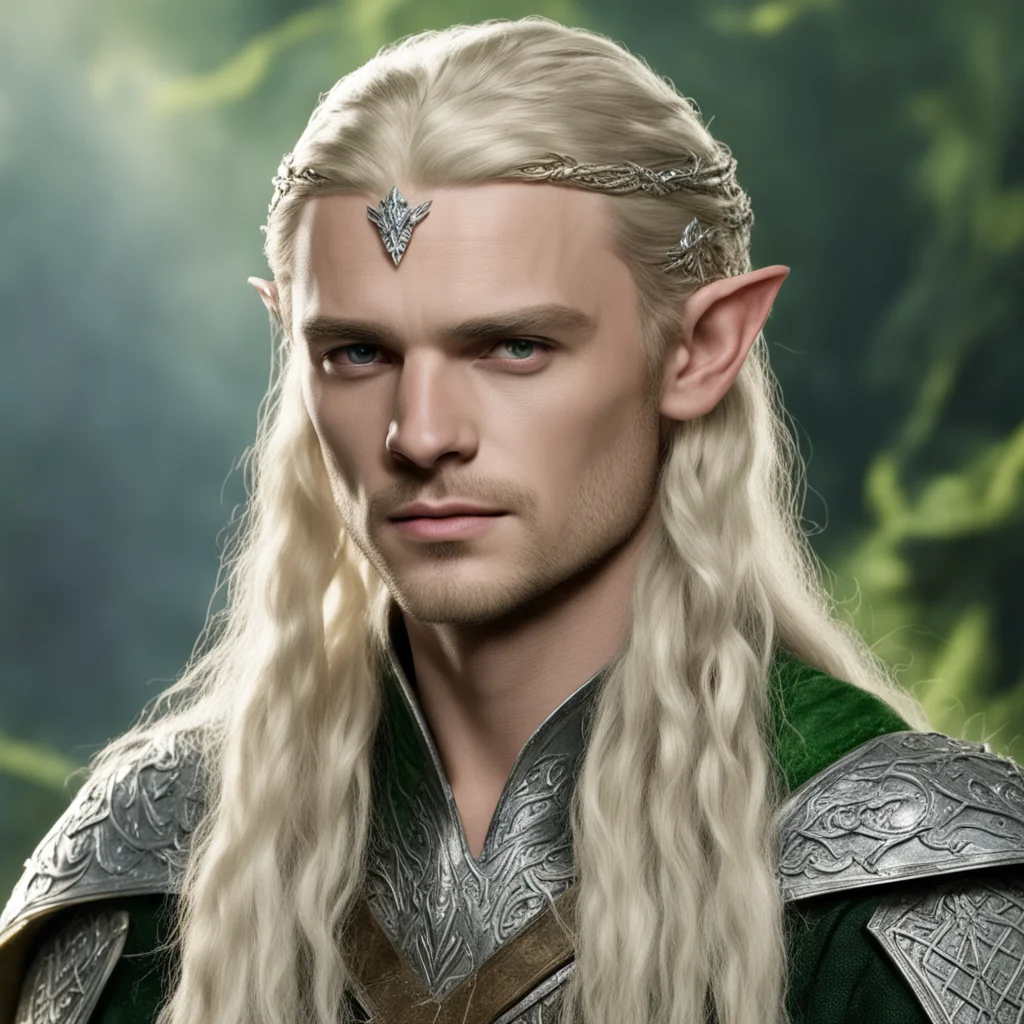 prince legolas with blond hair and braids wearing silver serpentine sindarin elvish circlet encrusted with diamonds with large center diamond good looking trending fantastic 1