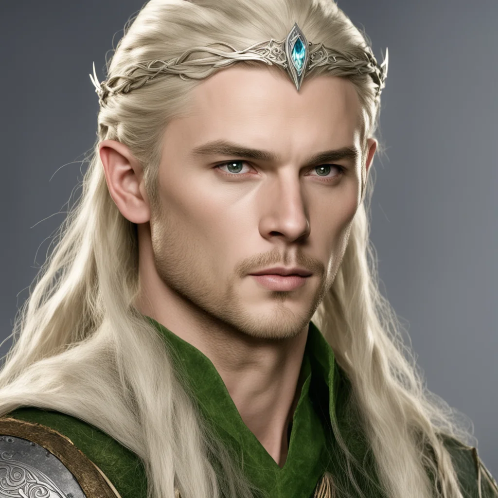 prince legolas with blond hair and braids wearing silver sindarin elvish circlet with large center diamond amazing awesome portrait 2