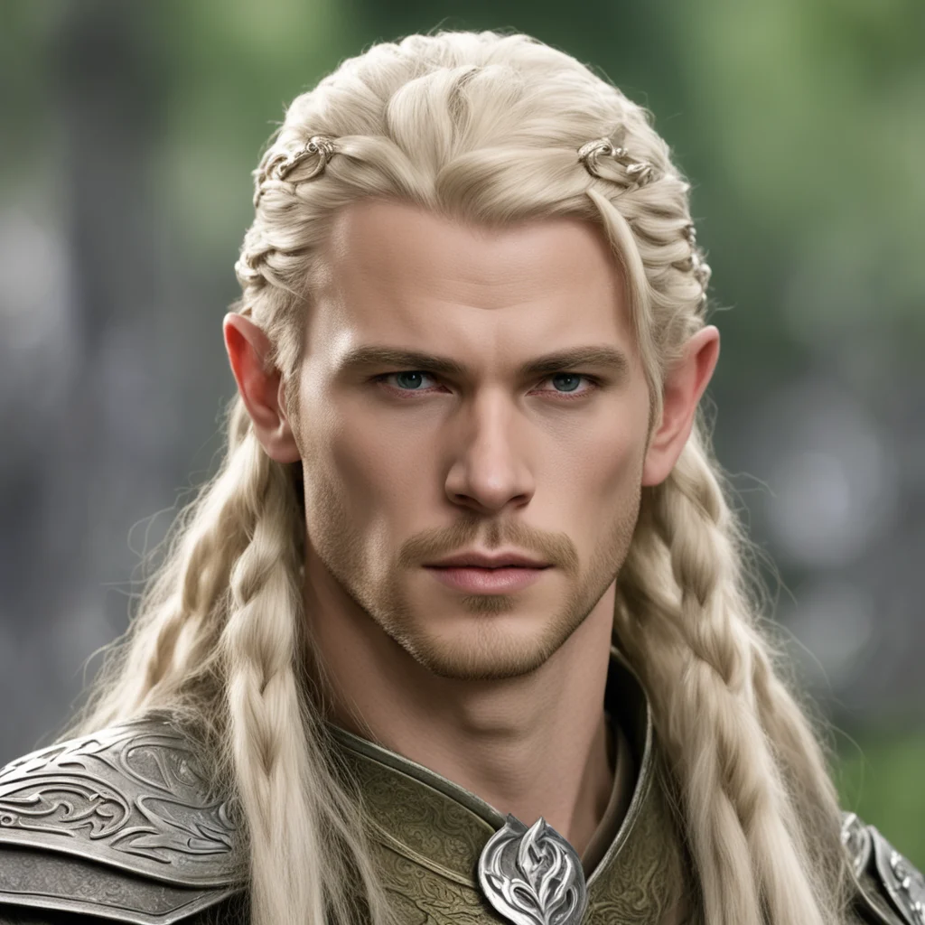 prince legolas with blond hair and braids wearing silver sindarin elvish circlet with large center diamond confident engaging wow artstation art 3