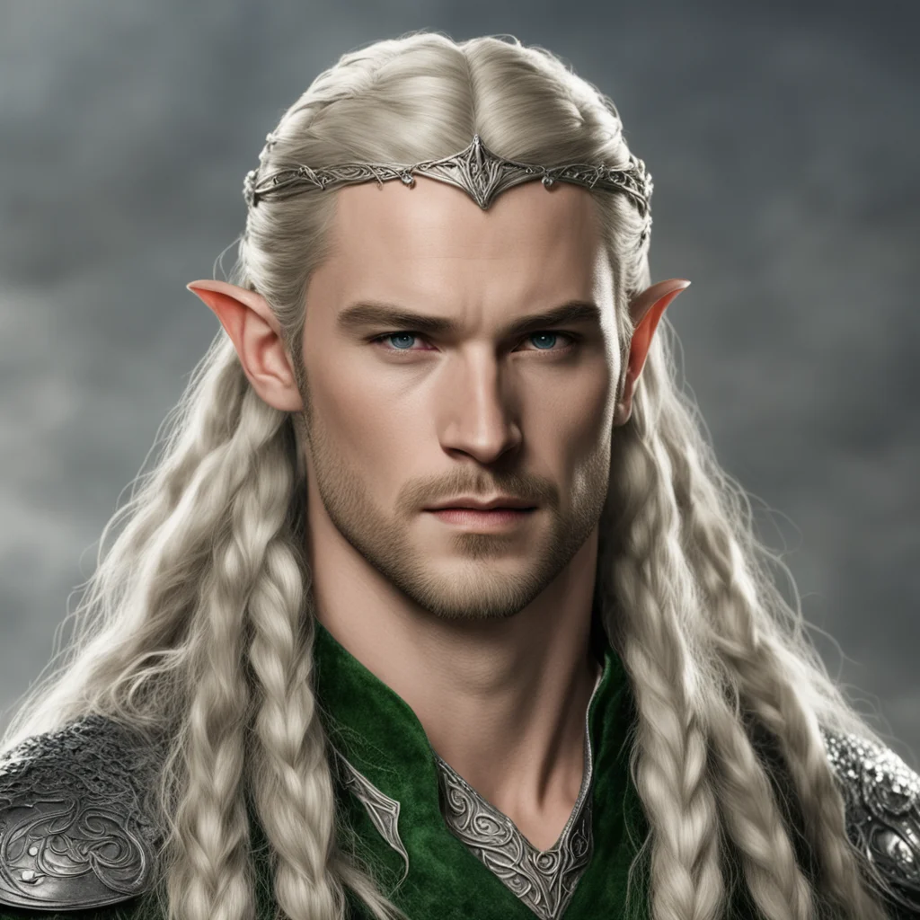 prince legolas with braids wearing silver elven coronet with diamonds