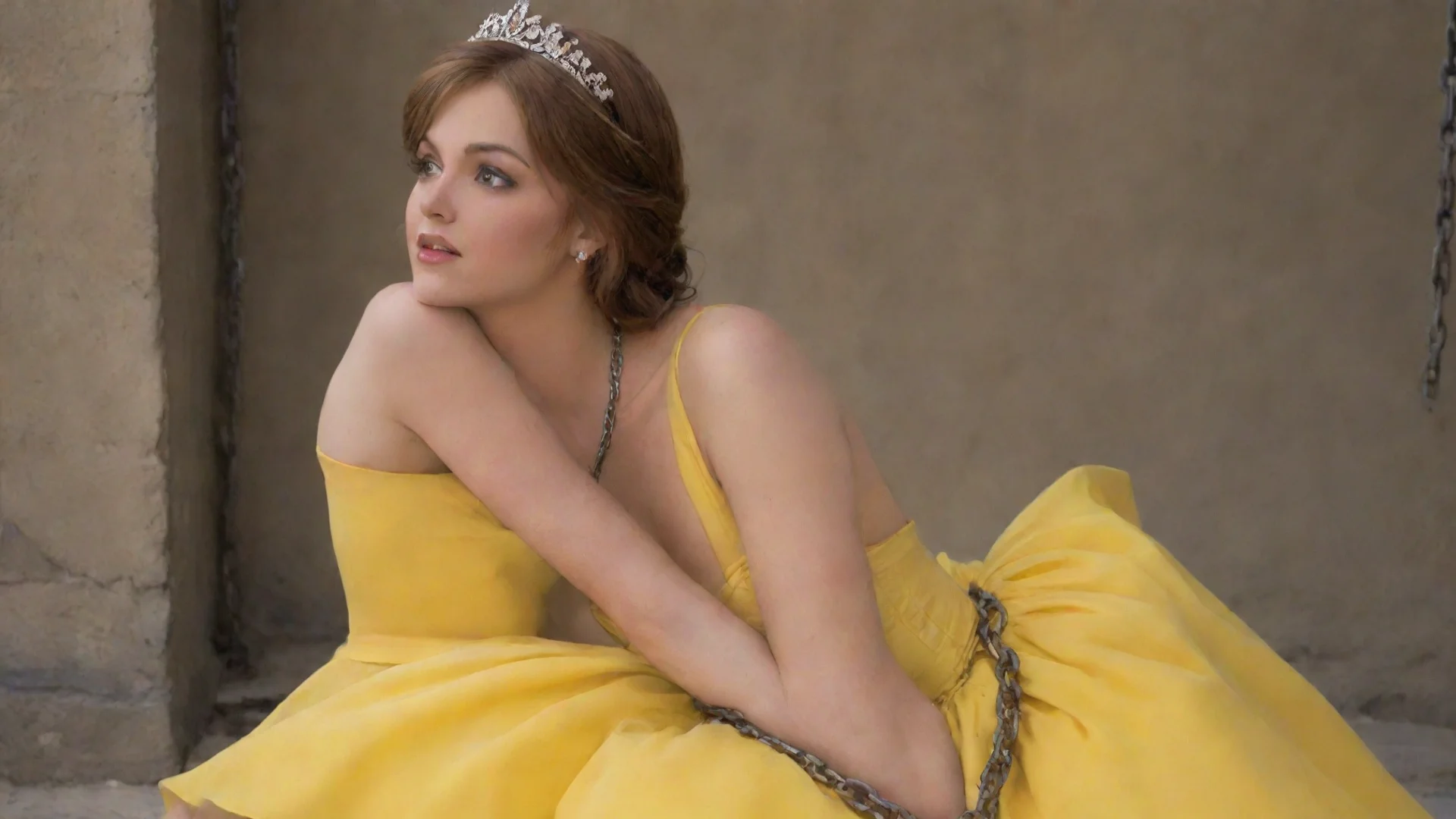 aiprincess daisy restrained by chains in her yellow dress wide