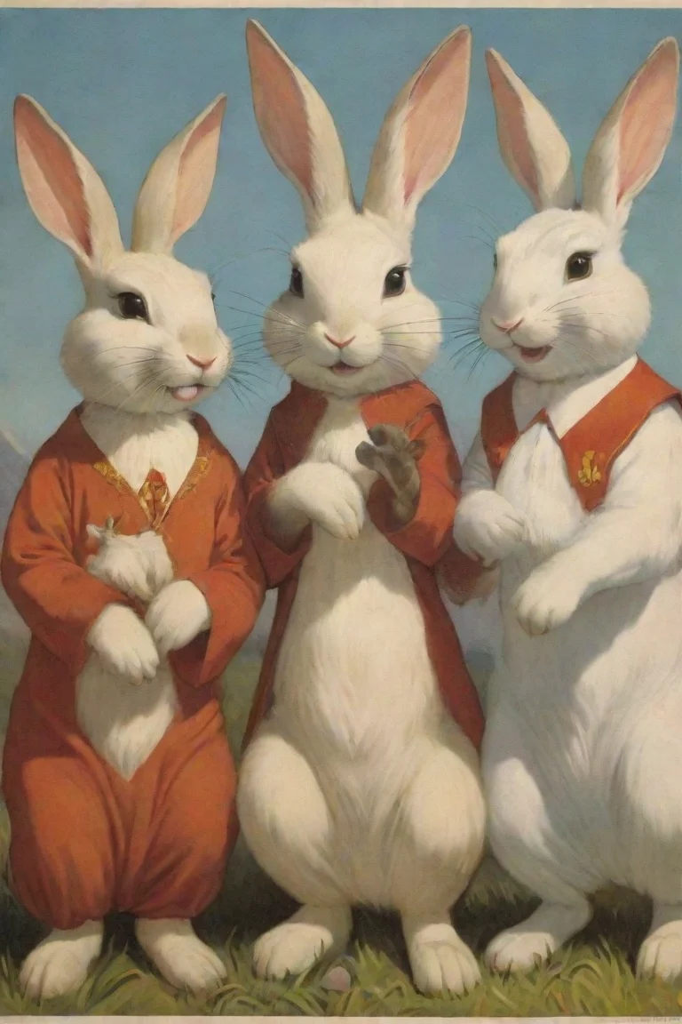 propaganda poster of anthro furry rabbits praise humanity portrait