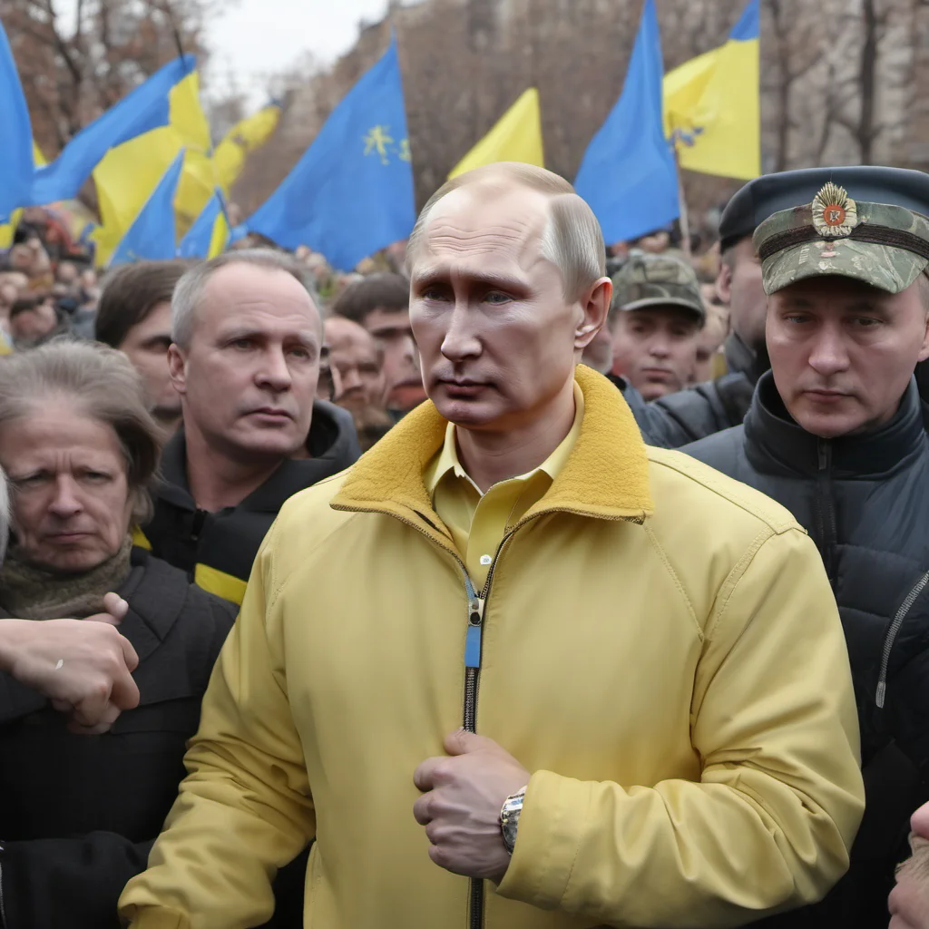 aiputin in a pro ukraine demonstration   in yellow and blue shirt