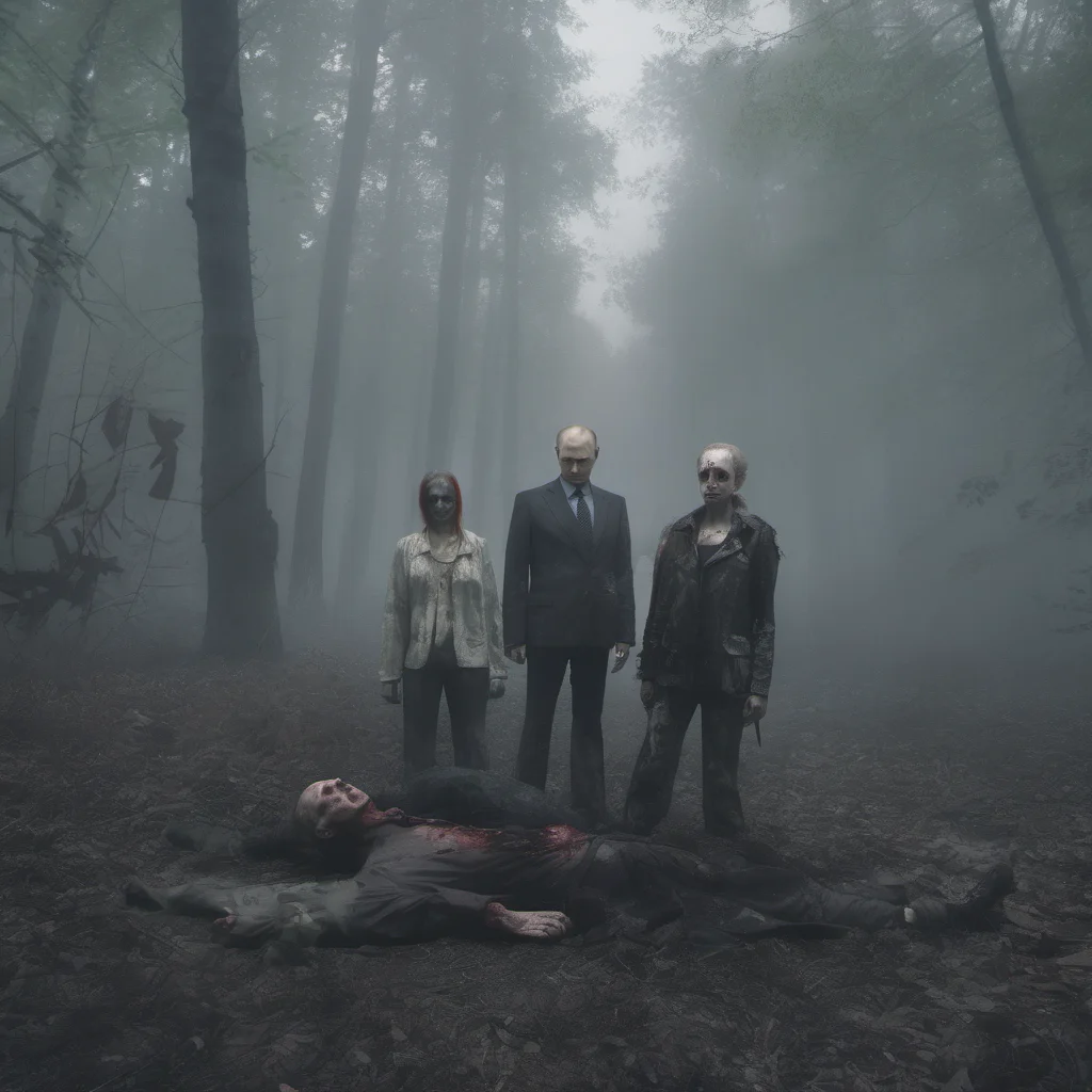 putin slaughtered by two zombie girls in a forest   fog   uncanny    realistic cinematic grunge  confident engaging wow artstation art 3