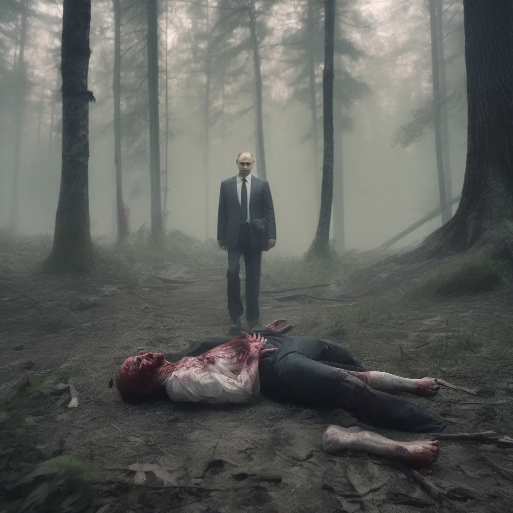putin slaughtered by two zombie girls in a forest   fog   uncanny    realistic cinematic grunge  good looking trending fantastic 1