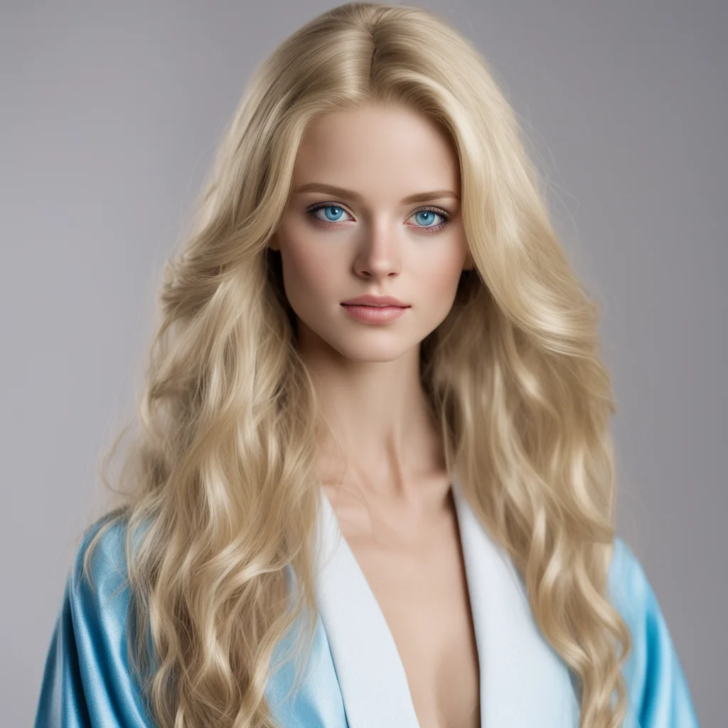 airealistic young blond female with long hair and blue eyes in a mini robe good looking trending fantastic 1