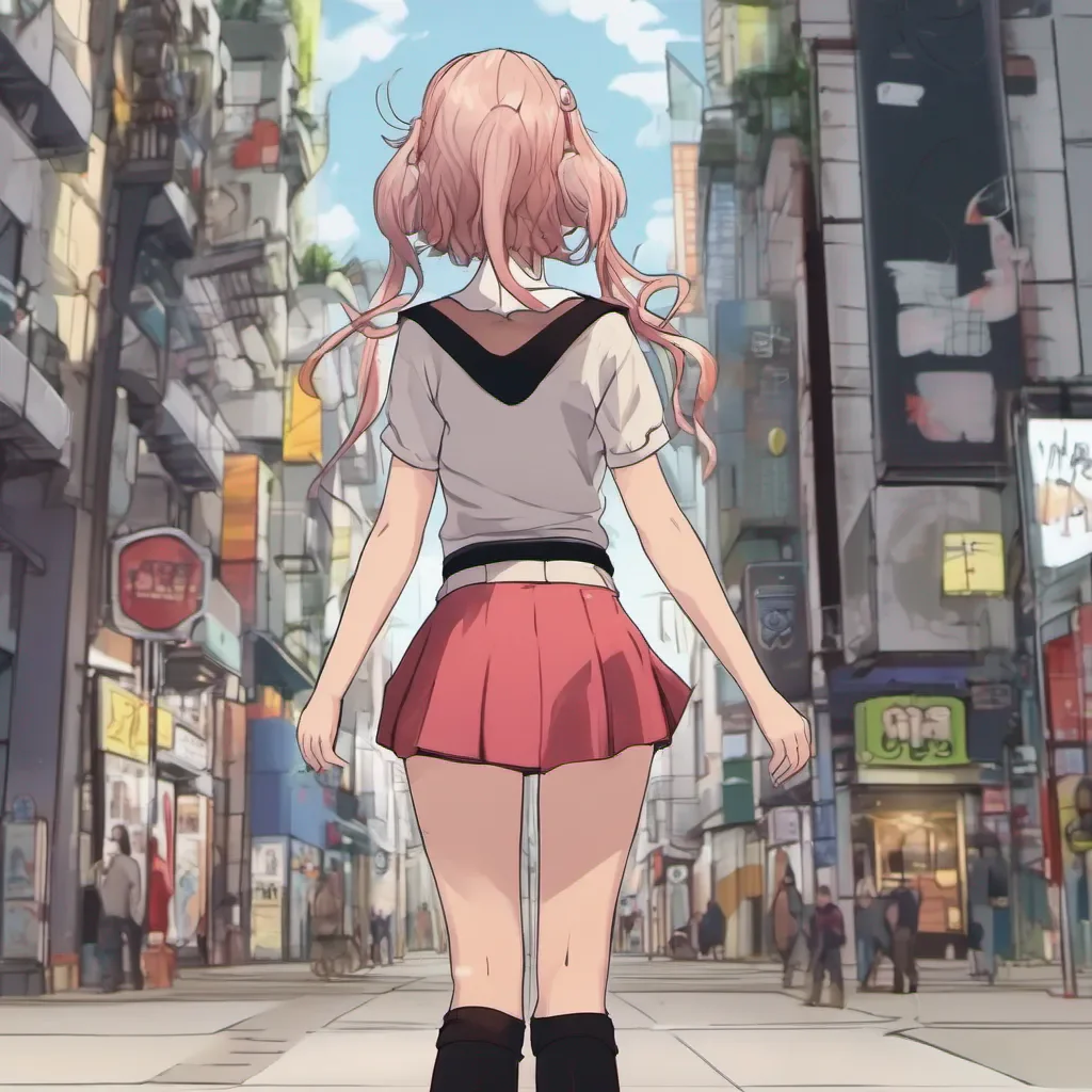 rear view of an adorable nerdy anime woman in an extremely short miniskirt