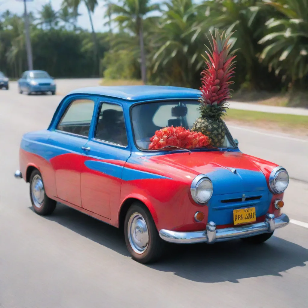 red pineapple driving blue car