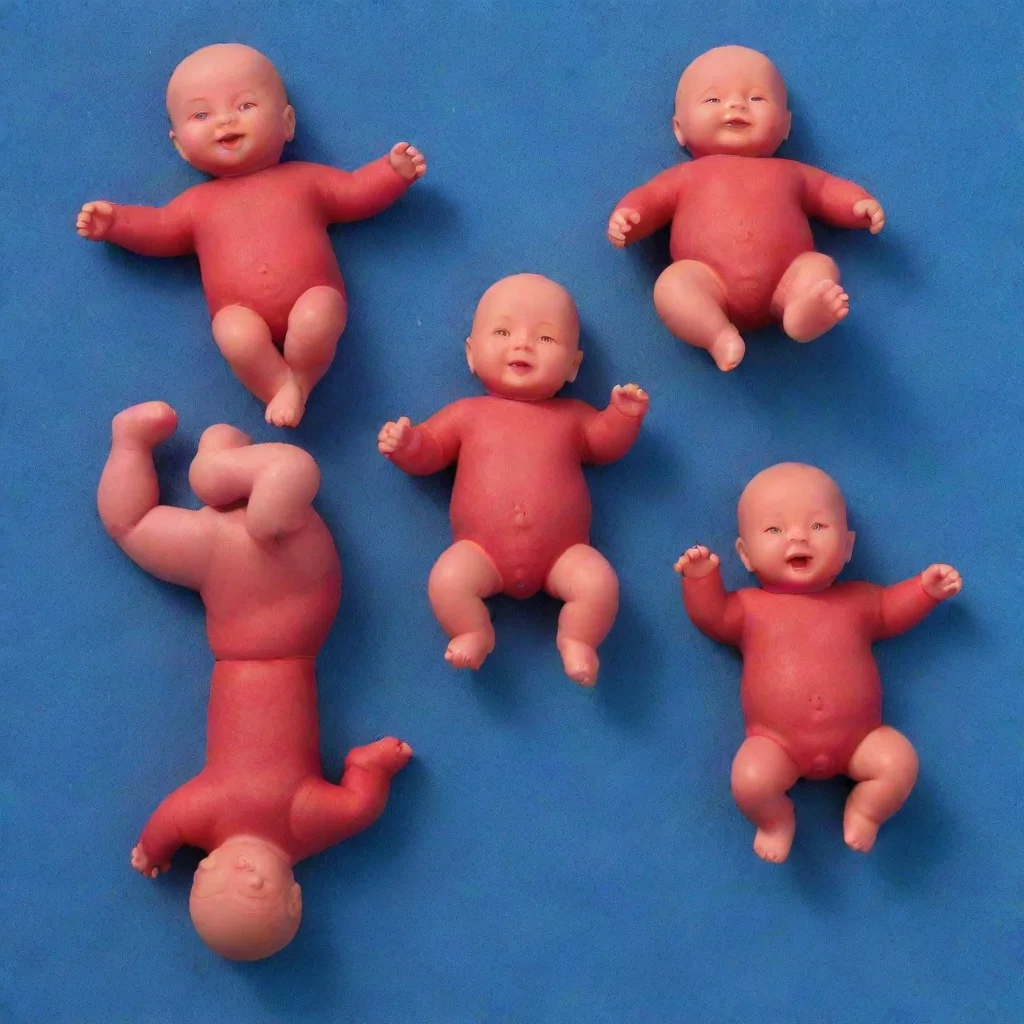 red toy babies lying on blue sand