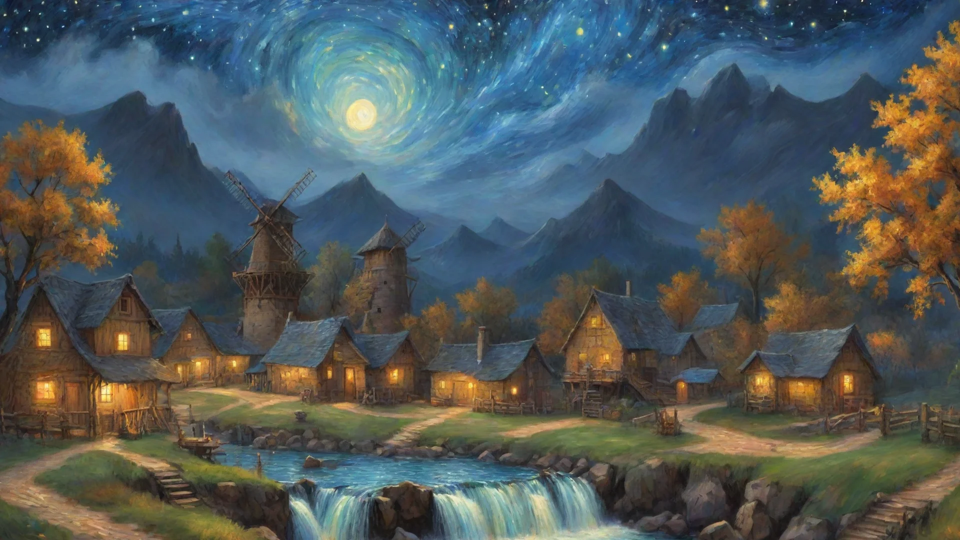 relaxing art wonderful vah gogh stary night windmill village waterfall hdwidescreen