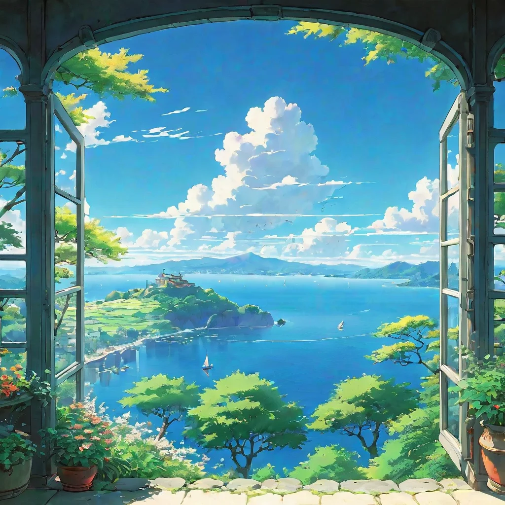 airelaxing environment studio ghibli calming lowfi calm bright clear crisp sun sky epic nice lovely artistic trending peace
