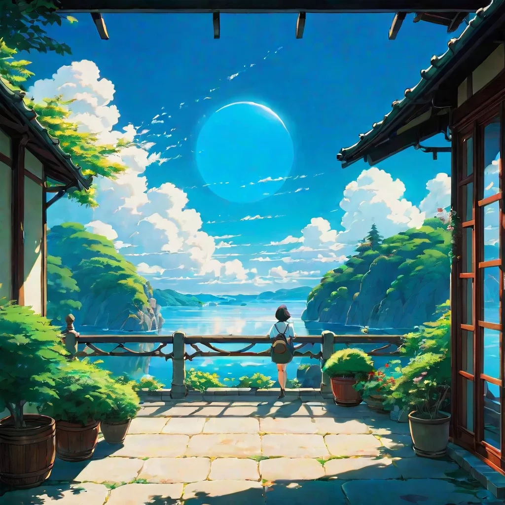 relaxing environment studio ghibli calming lowfi calm bright clear crisp sun sky epic nice lovely artistic trending