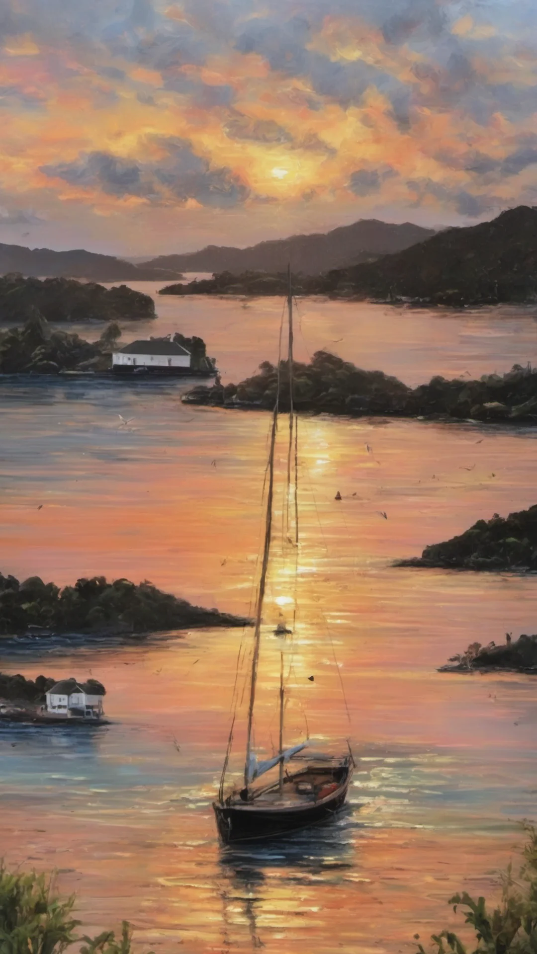 relaxing landscape bay of islands amazing sunset beautiful trending detailed oil strokes confident engaging wow artstation art 3 tall