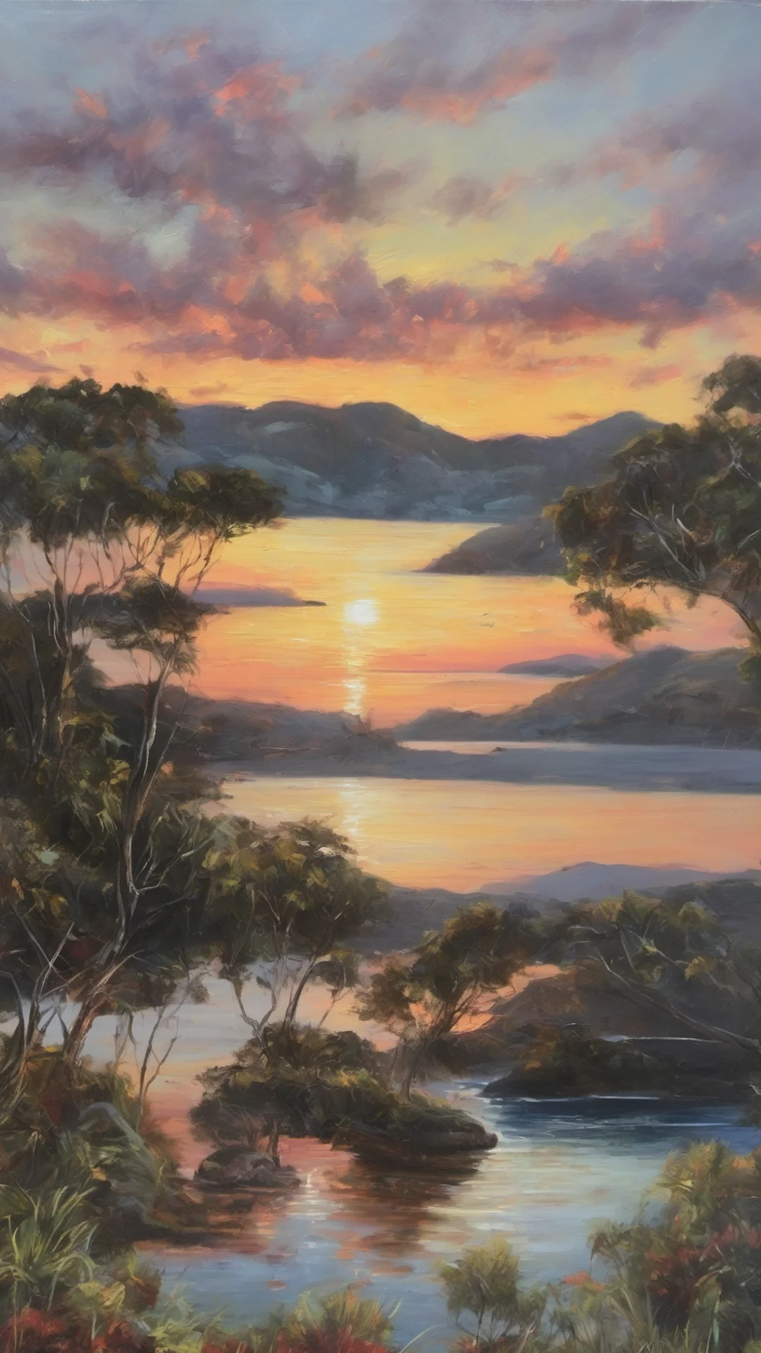 relaxing landscape bay of islands amazing sunset detailed oil strokese confident engaging wow artstation art 3 tall