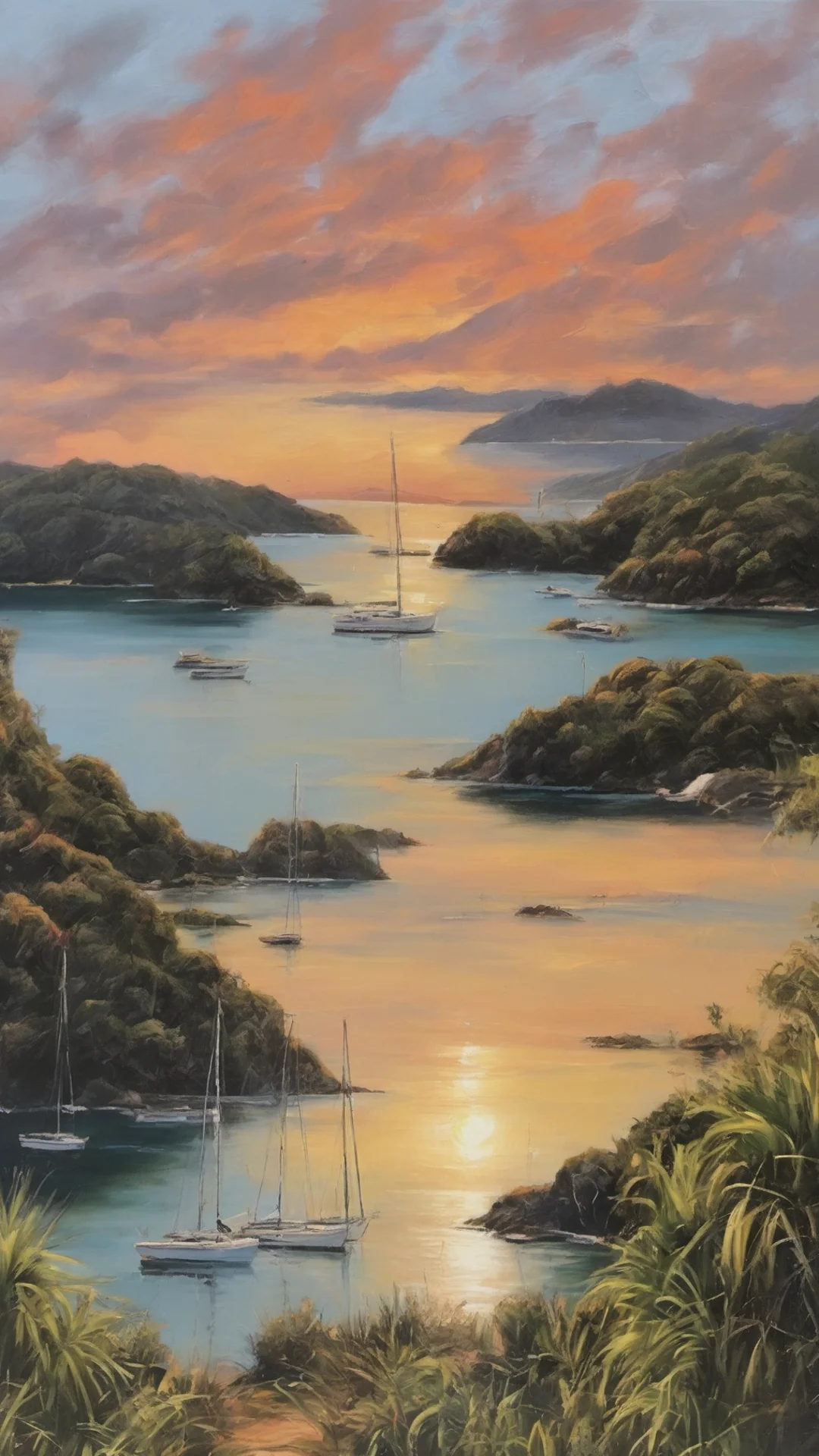 relaxing landscape bay of islands amazing sunset detailed oil strokese tall
