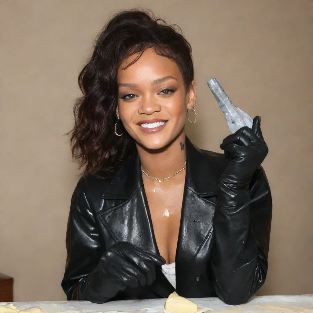 rihanna  smiling  with black comfy nitrile gloves and gun  and  mayonnaise splattered everywhere