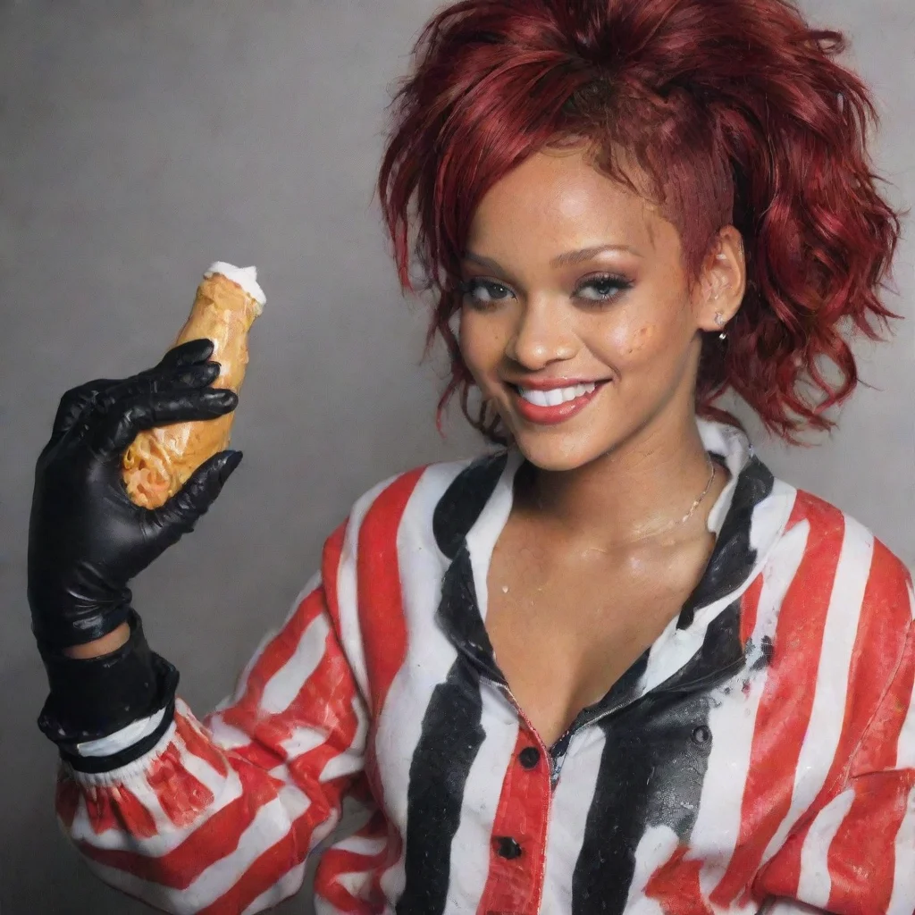 rihanna red hair smiling wearing a black and white striped  jacket over a black bathing suit with black comfy nitrile gloves  and gun and mayonnaise splattered everywhere