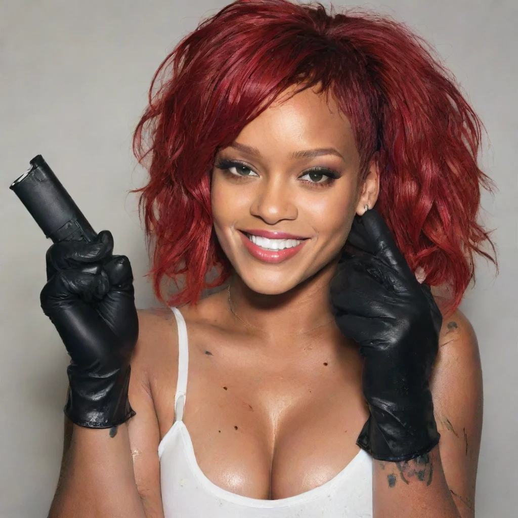 rihanna red hair smiling with black comfy  nitrile gloves and gun and mayonnaise splattered everywhere