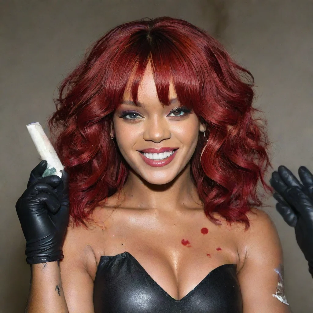 rihanna red hair smiling with black comfy nitrile gloves and gun and  mayonnaise splattered everywhere