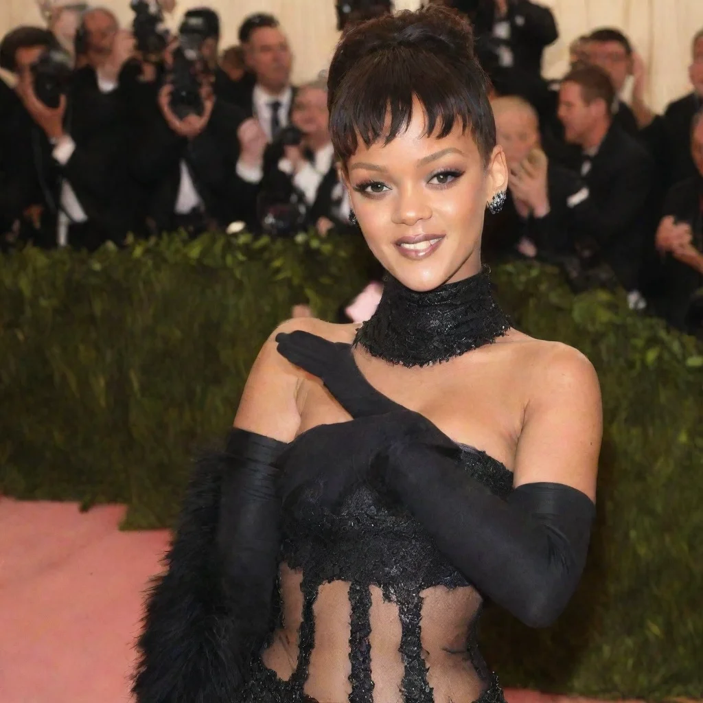 airihanna smiling at the met gala with black gloves and gun hd
